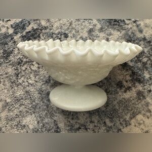Vintage Westmoreland Milk Glass Maple Leaf Embossed Pedestal Bowl, Ruffled Edge
